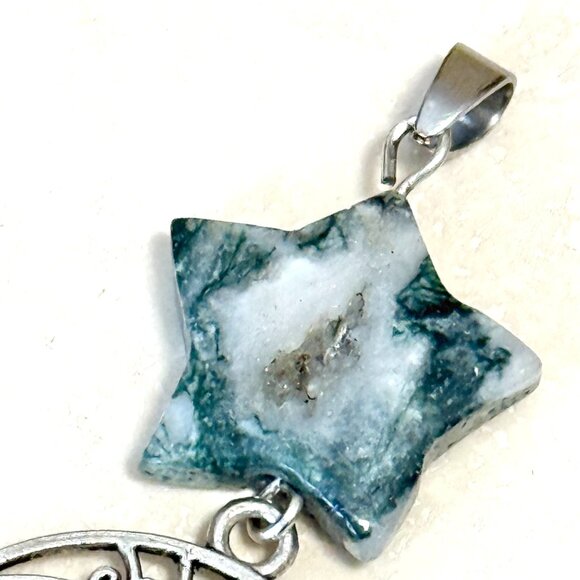 2/$20, Genuine White Green Tree Agate Star & Silver Cat on the Moon Pendant - Picture 4 of 11